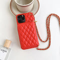 Lambskin phone case with rhombic pattern, card holder, and chain in white for Apple iPhone