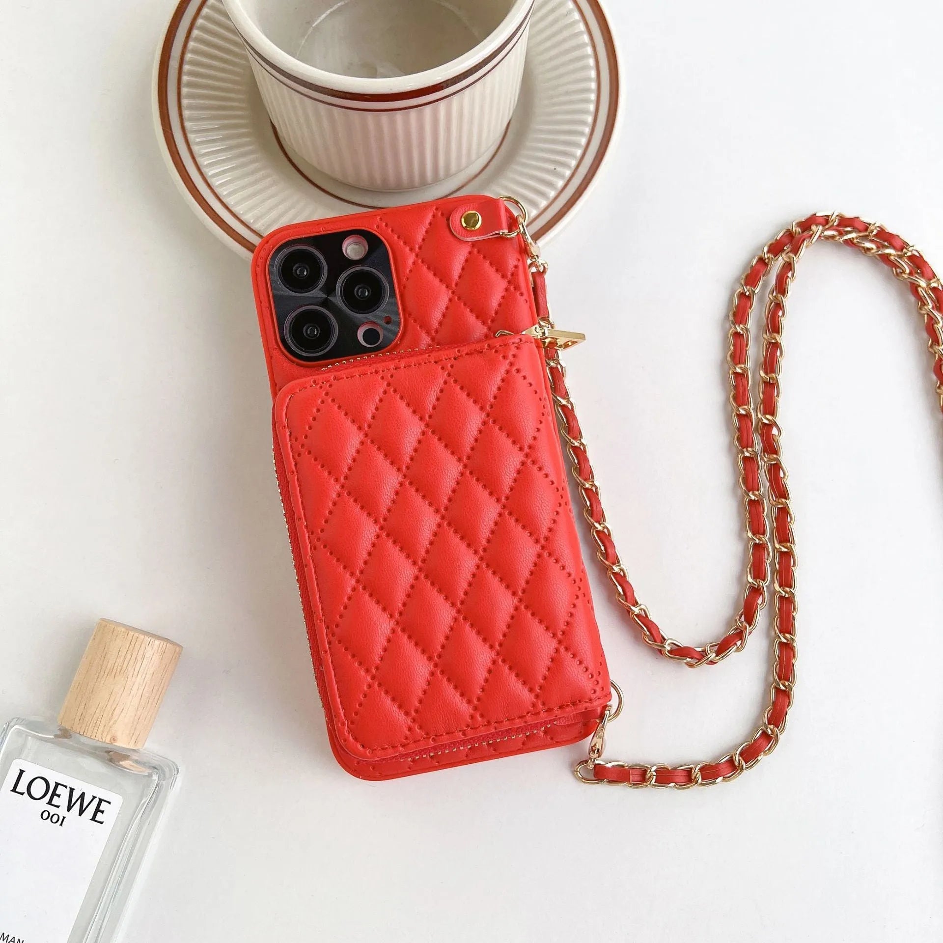 Lambskin phone case with rhombic pattern, card holder, and chain in white for Apple iPhone