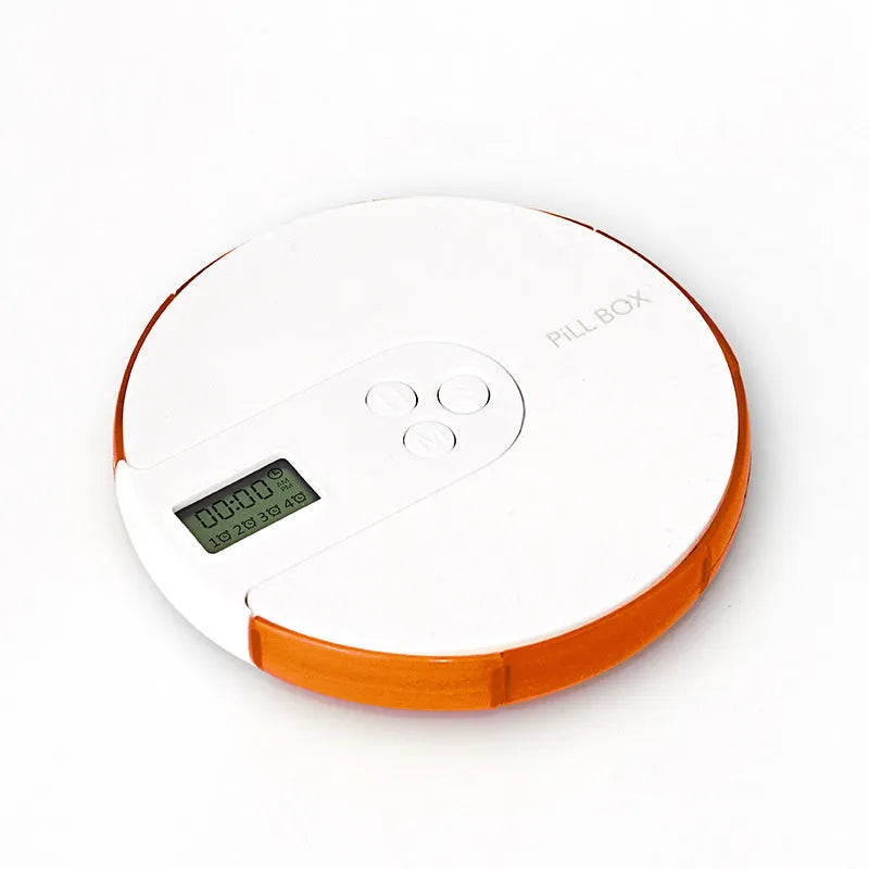 Seven-compartment alarm clock pill dispenser in blue, showing timer display and storage lids.
