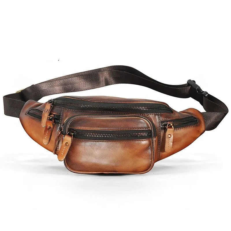 Brown leather messenger bag with single shoulder strap showing front pocket and dimensions