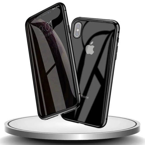 Glass anti-spy clamshell phone case for iPhone in six colour options: black, silver, red, gold, green, blue.