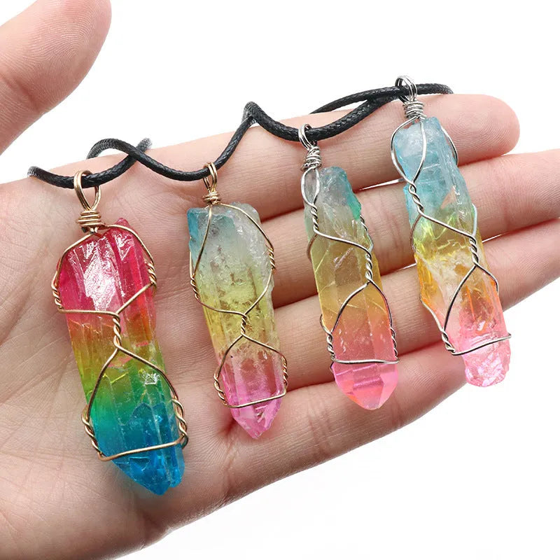Stone crystal pillar tree of life pendant necklace with adjustable O-chain, rainbow and carnelian colour options