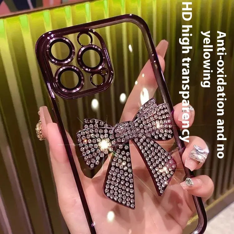 Electroplating diamond bow phone case with lens protector for iPhone in pink and silver TPU finish