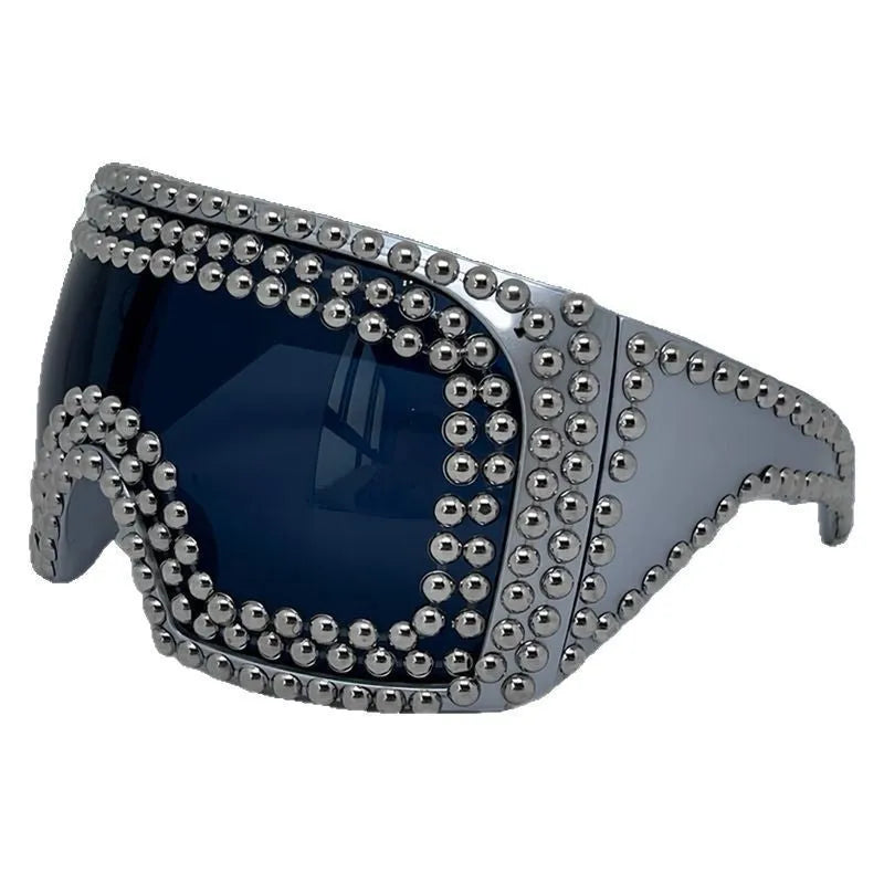 Men's square sunglasses with large rim and punk rivet detailing in silver or gold colours