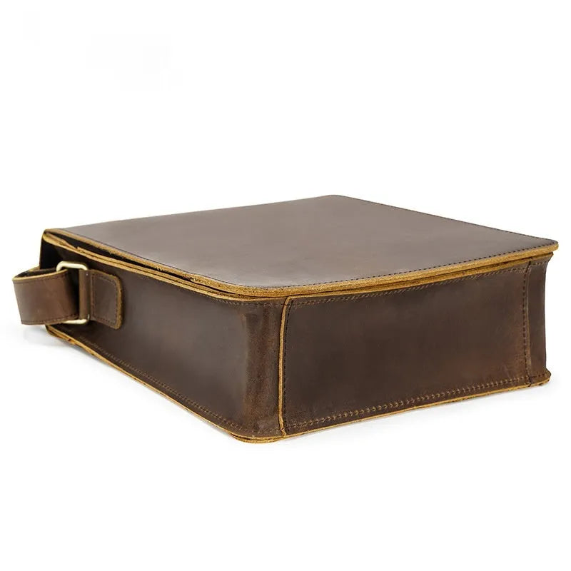 Vintage brown genuine cowhide leather men's crossbody bag with geometric pattern on shoulder strap