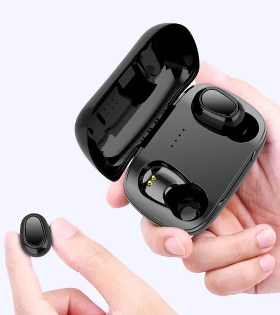 Sports mini in-ear Bluetooth 5.0 headphones in black with charging chamber and silicone ear caps
