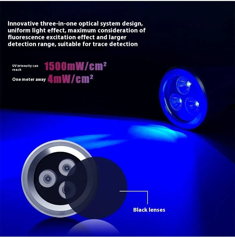 Black anodized aluminium UV flashlight for detecting pet urine stains and insects, showing USB-C charging port.