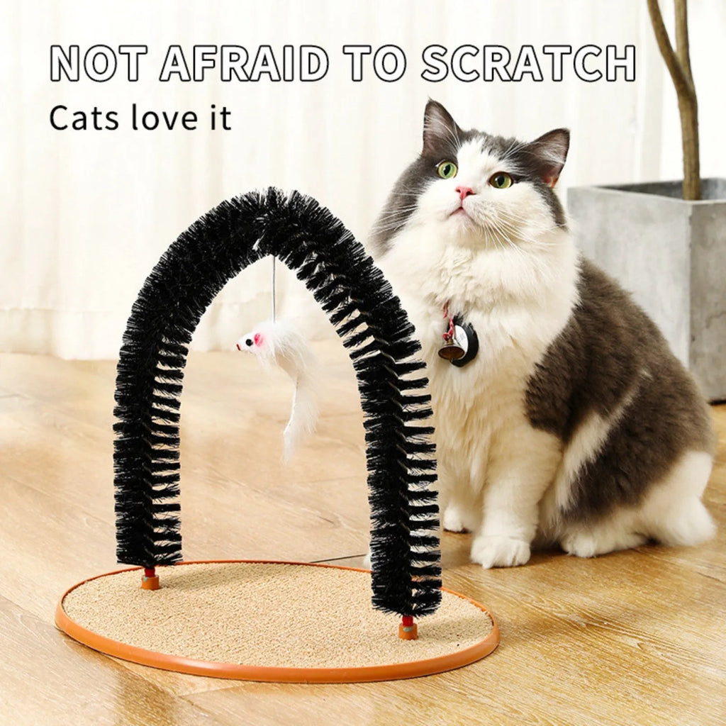Black plastic arch-shaped cat grooming device with scratching cloth and attached mouse toy