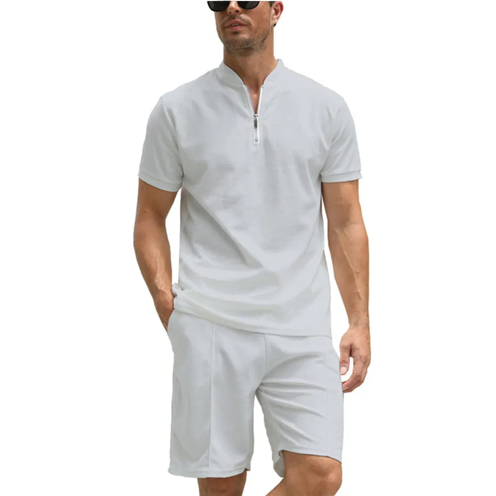Men's solid colour polo shirt and trousers two-piece set in polyester fabric