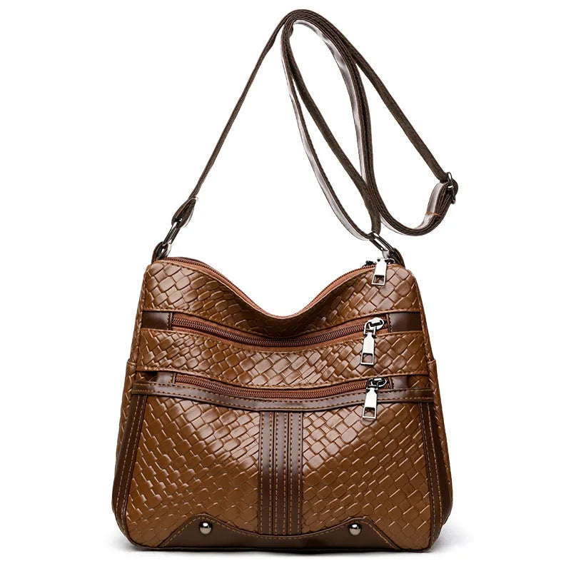 Brown PU leather messenger bag with multiple compartments and single shoulder strap