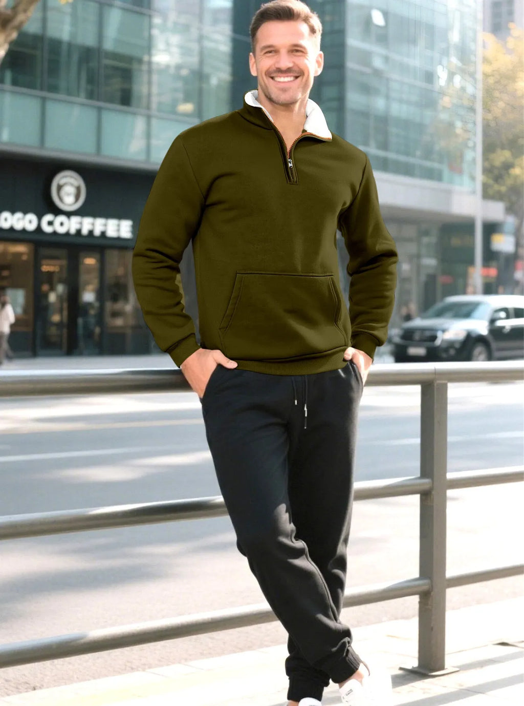 Men's colour-block zipper retro casual knit sweater in khaki, polyester fleece, short sleeve pullover