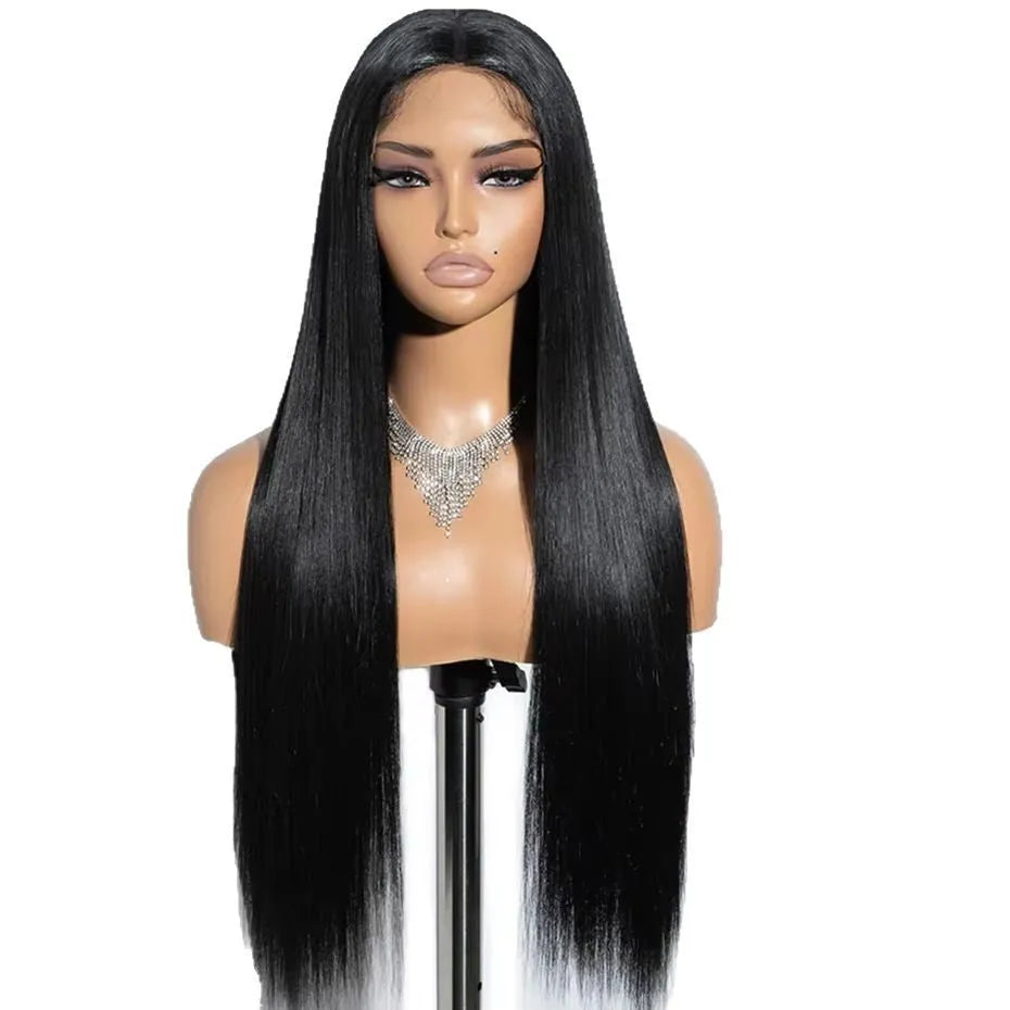 Glueless human hair straight wig with side bangs, shown in long length.