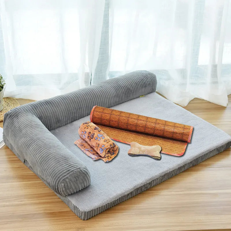 Corduroy dog bed with bolster sides in coffee colour on hardwood floor