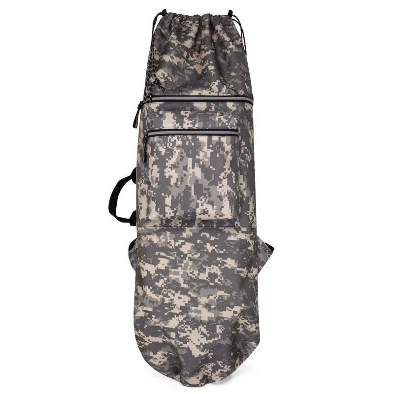Lightweight waterproof nylon skate backpack in camouflage colour, shown with skateboard and fishing rod.