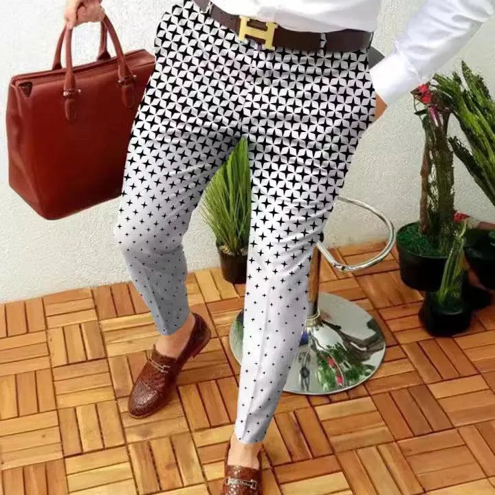 Men's slim-fit straight-leg trousers with a grey and black 3D printed plaid pattern.