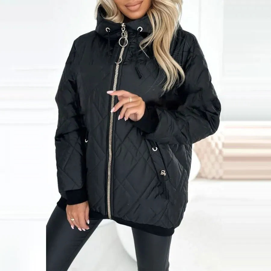 Women's casual hooded coat in black or pink with long sleeves