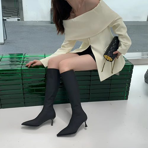 Women's black below the knee boots with pointed toe and stiletto heel, back zipper closure visible