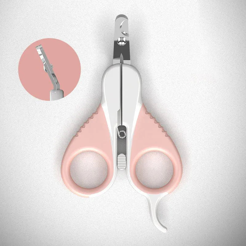Grey and pink angled cat nail clippers with safety guard for small pet grooming