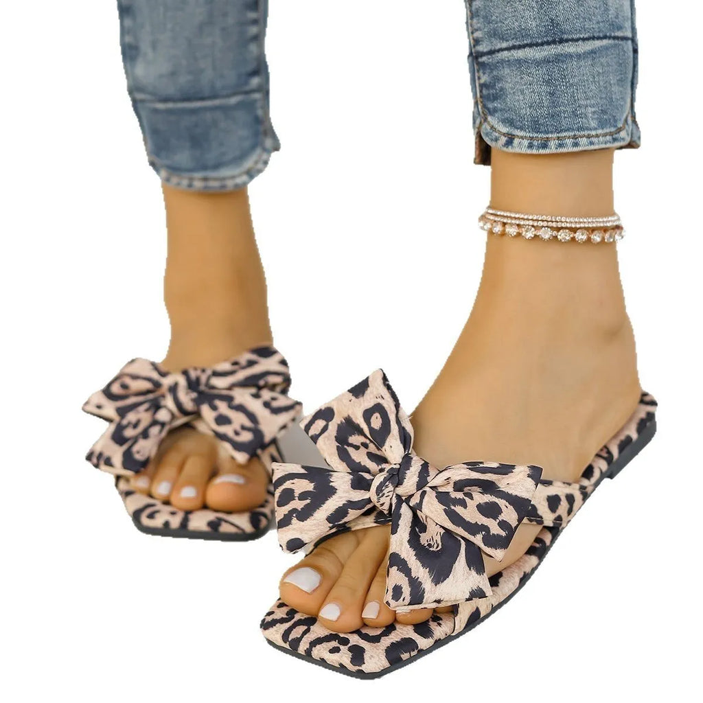 Women's bow leopard print square toe sandals with cloth upper and rubber sole in size 36 to 43