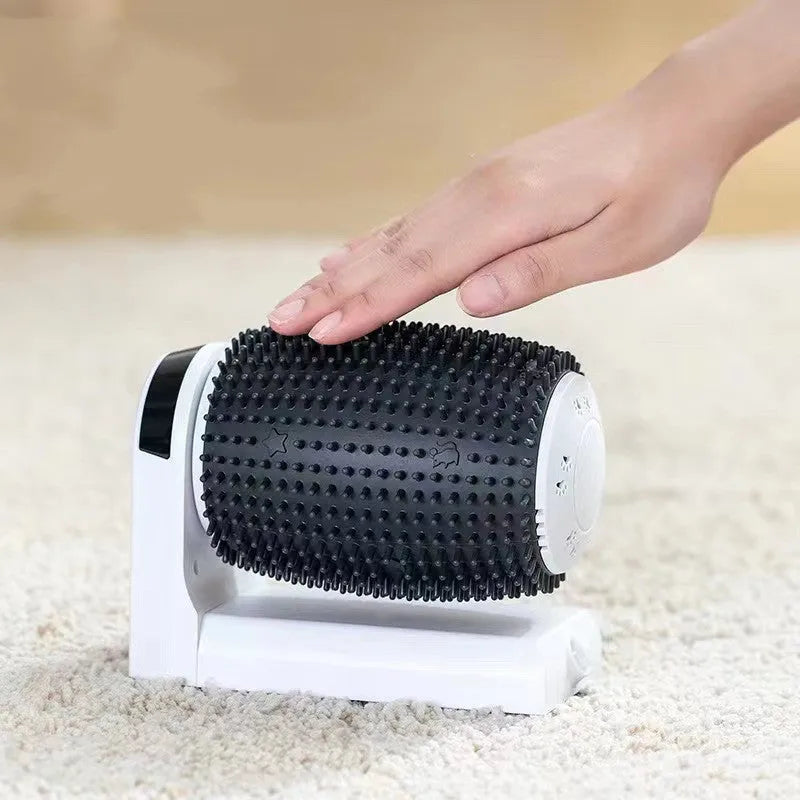 White automatic cat self grooming brush mounted in corner with silicone bristles