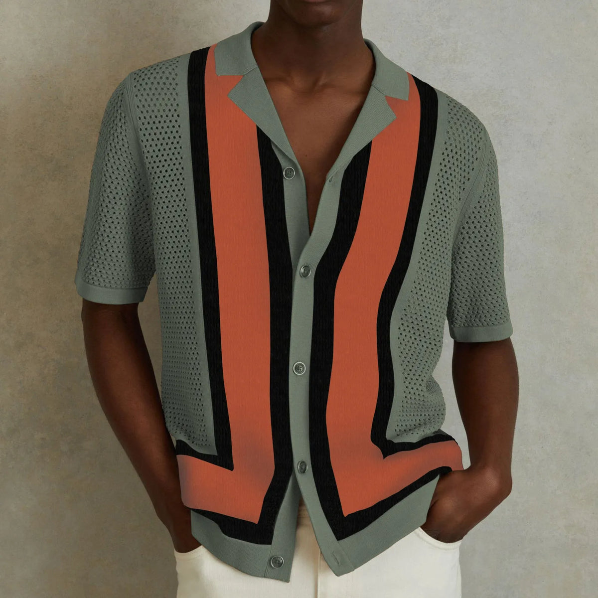 Men's striped contrast colour knitwear top in dark blue with short sleeves and flocking texture, regular fit leisure wear