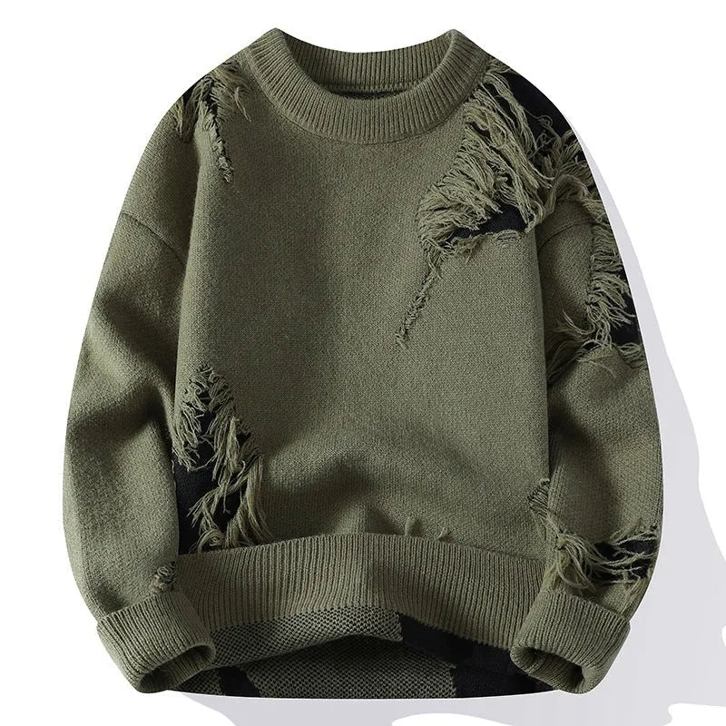 Fashion casual round neck loose men's sweater in black polyester knit, front view