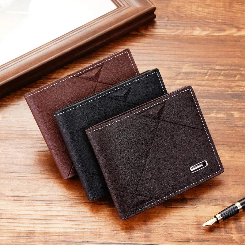 Men's thin three-fold PU leather wallet in black showing multiple card slots.