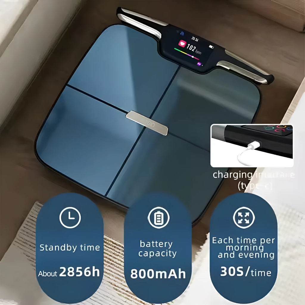Black eight-electrode body fat intelligent electronic household weighing scale on white background