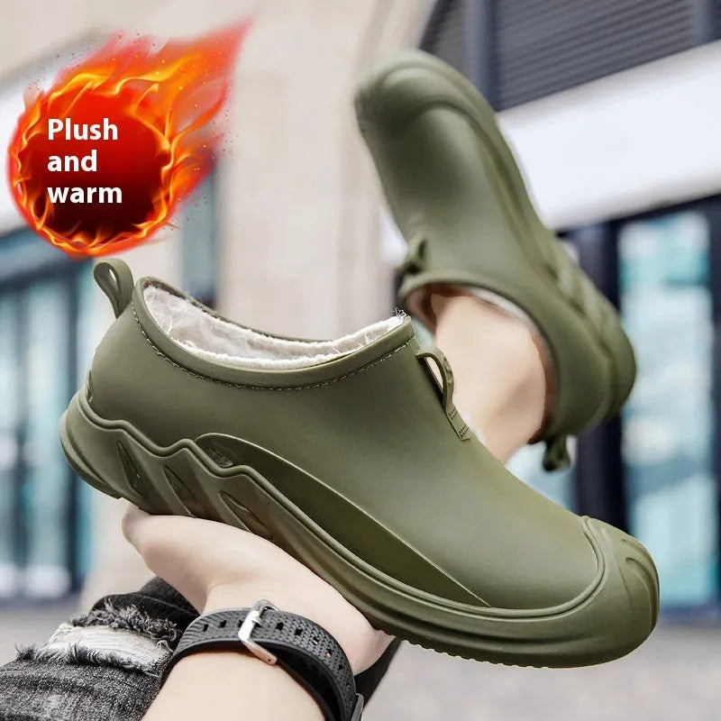 Men's solid colour short rain boots with plastic upper, shown in black, grey, and green.