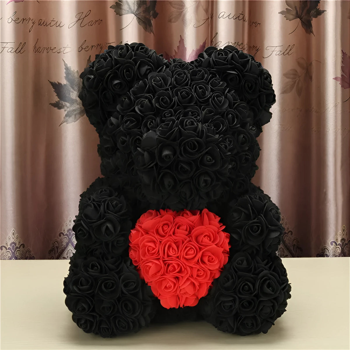 Creative Christmas rose doll holding a red heart, 23cm handmade preserved flower bear in black