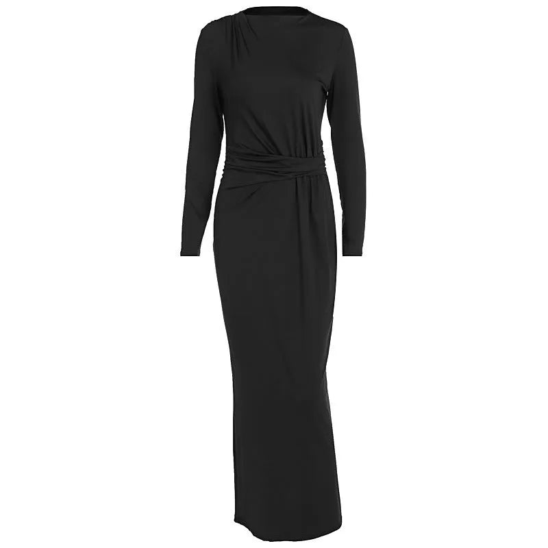 Long sleeve fitted waist pleated long dress in solid colour high waist one-step style