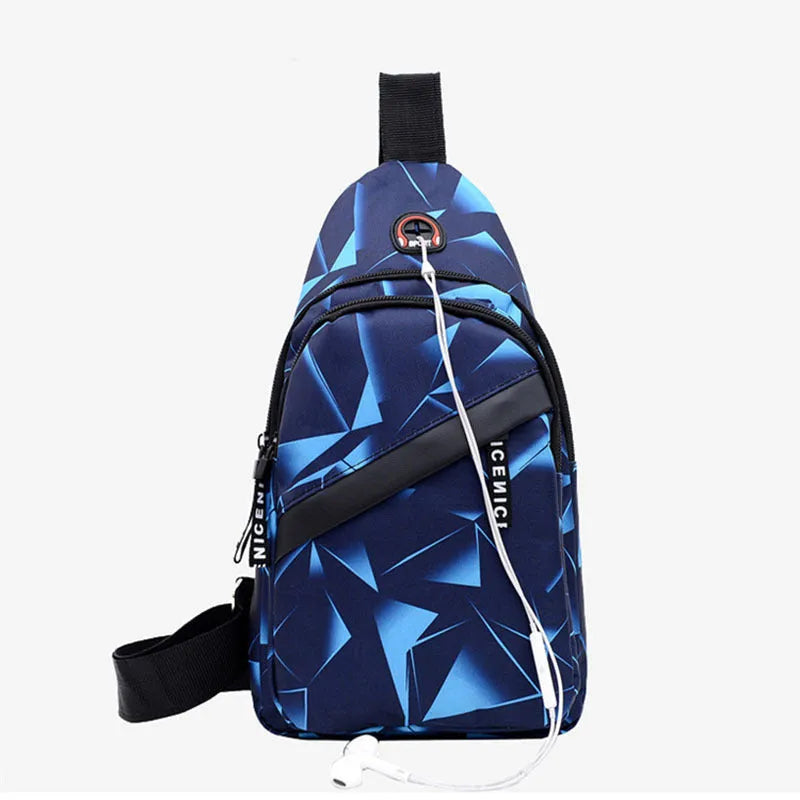 Print sling chest bag with earphone hole design in Oxford cloth, showing zipper opening and square vertical shape