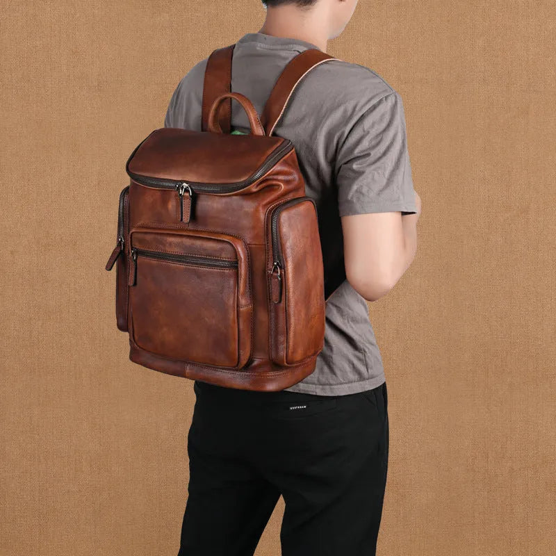Genuine retro double-layer cowhide backpack for men in light brown with patchwork detailing
