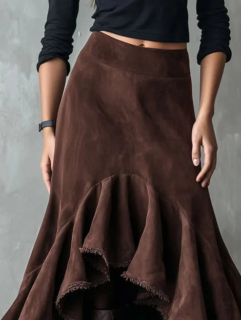 Brown women's maxi skirt with high-low ruffle hem in eco suede polyester fabric