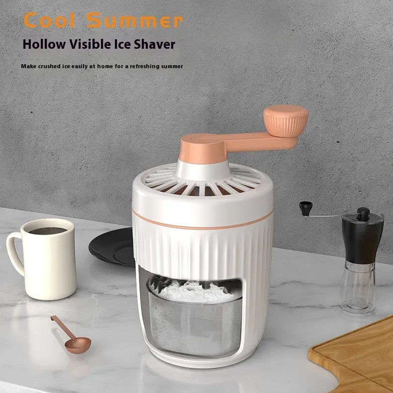 Hand-cranked ice shaving machine in green and orange, compact portable snow cone maker with ergonomic handle and removable ice box.
