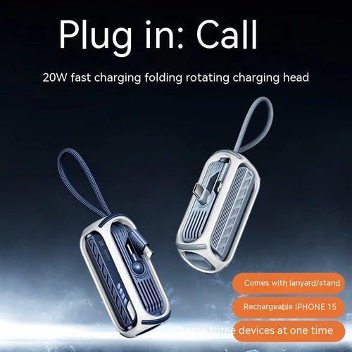 Capsule 20W 5000mAh mini power bank with folding bracket and built-in Type-C and Lightning cables in grey
