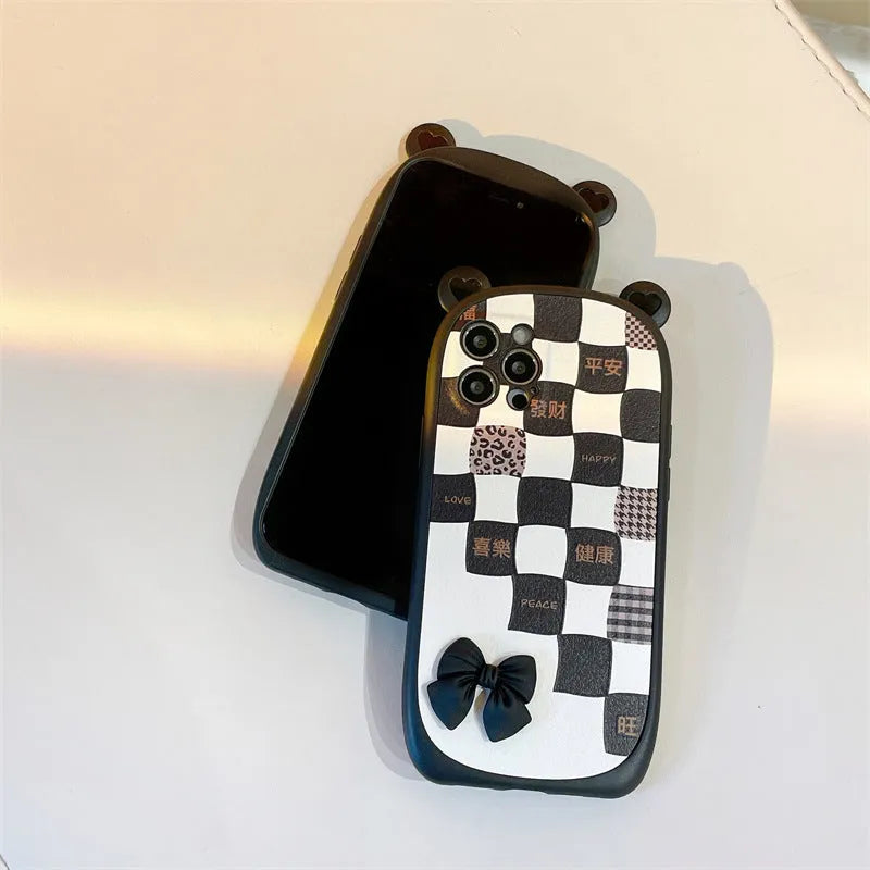 Black and white lattice bow silicone phone case for iPhone, protective shell style