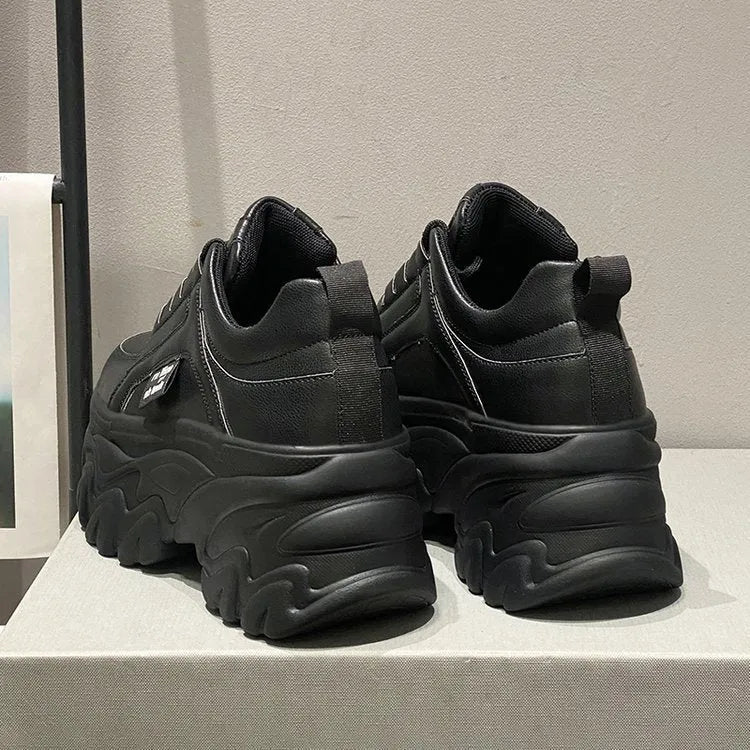Height increasing insole dad shoes for women, super high heel, mesh upper, black colour, front lace-up