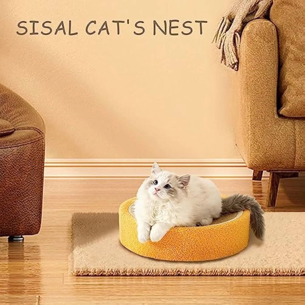 Orange circular cat scratching board with sisal surface and slightly concave centre for sleeping