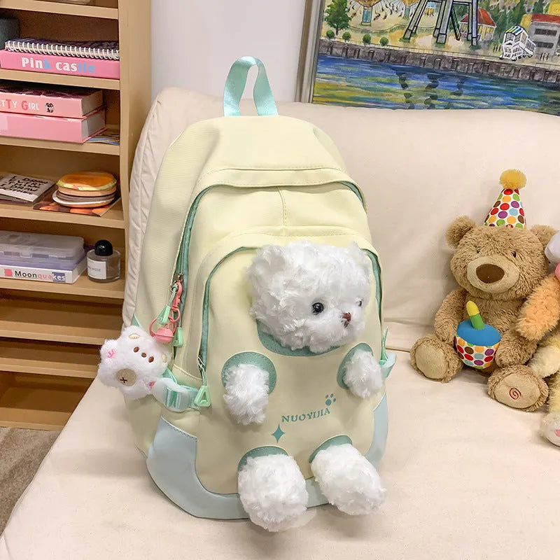 Nylon school backpack in macaron colours with curved shoulder straps and 20-35L capacity
