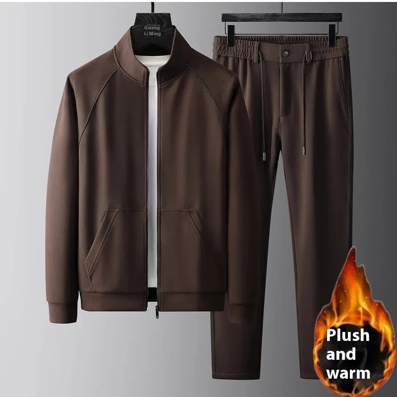 Men's slim fit stand collar casual sports suit two-piece set in black.