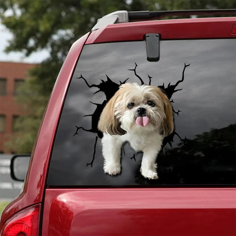 Reflective vinyl window sticker showing a humorous tearing dog body silhouette in three size options.