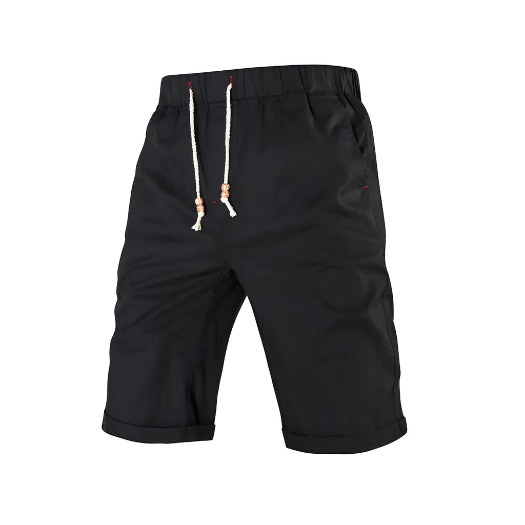 Men's solid colour cotton blend casual shorts with a drawstring waist and zip pocket.