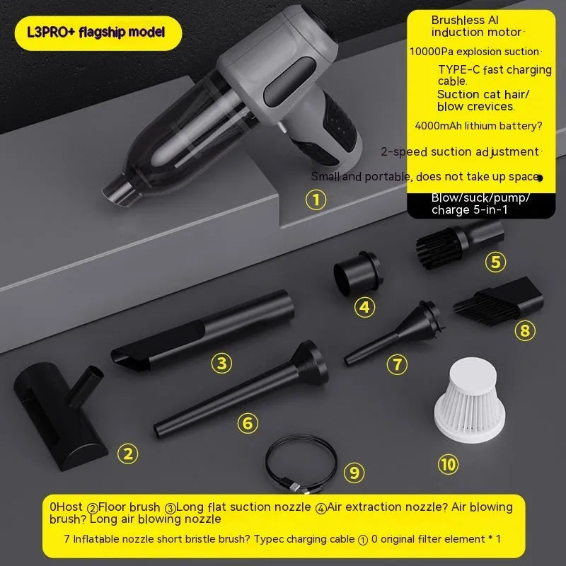 Black cordless handheld car vacuum cleaner with attached brush nozzle and charging cable.