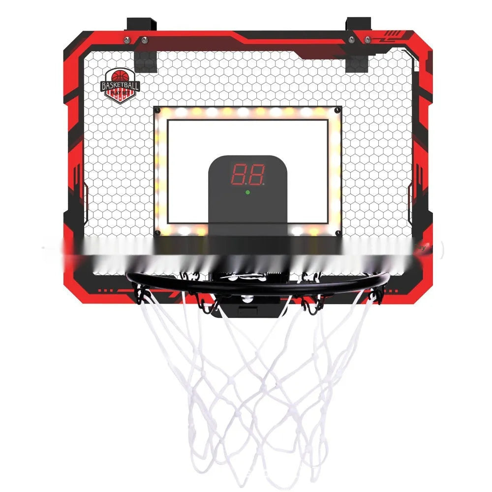 Red and blue folding basketball frame with suction cups and hook on a 400x300mm panel.