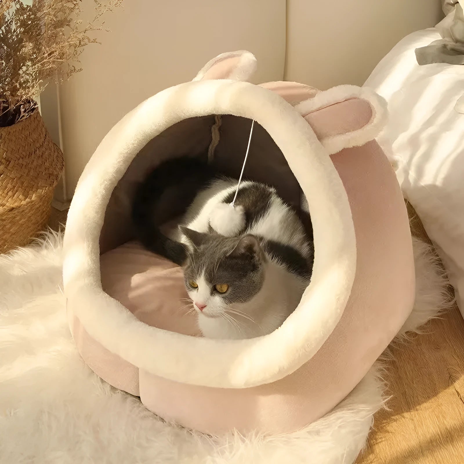 Semi-closed cloth pet bed in light gray Totoro colour with semi-open front and padded base