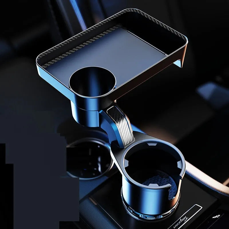 Black car cup holder with 360-degree rotating dinner tray placed in vehicle cup holder