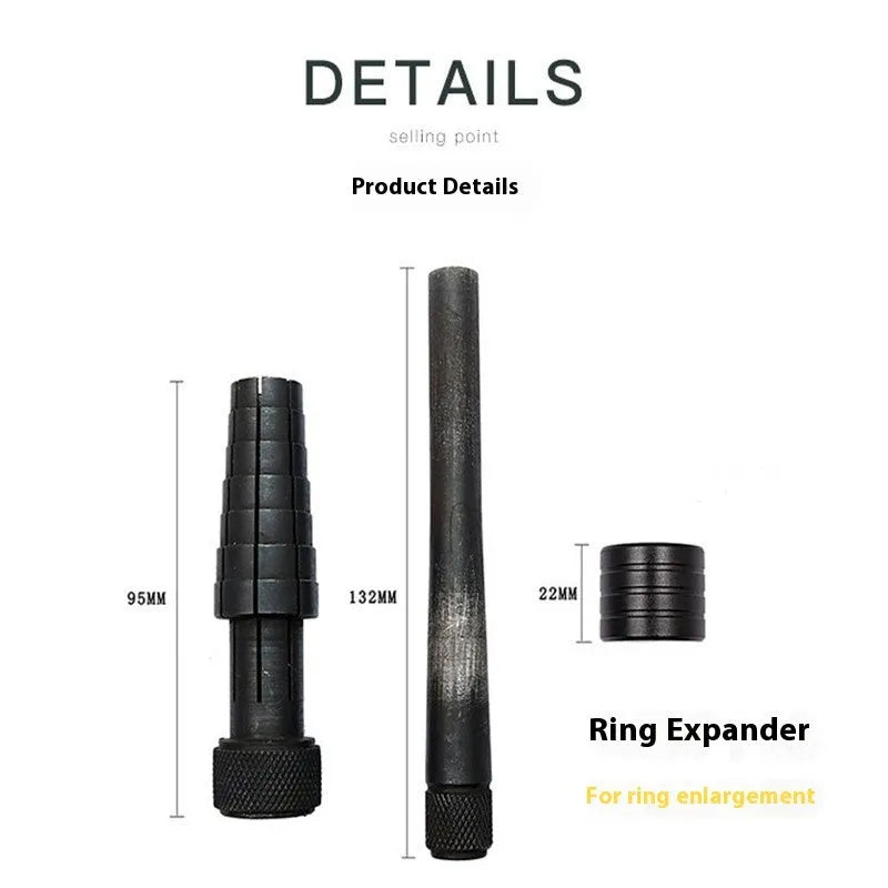 Black ring expansion tool set with base expander and rubber hammer for jewellery resizing