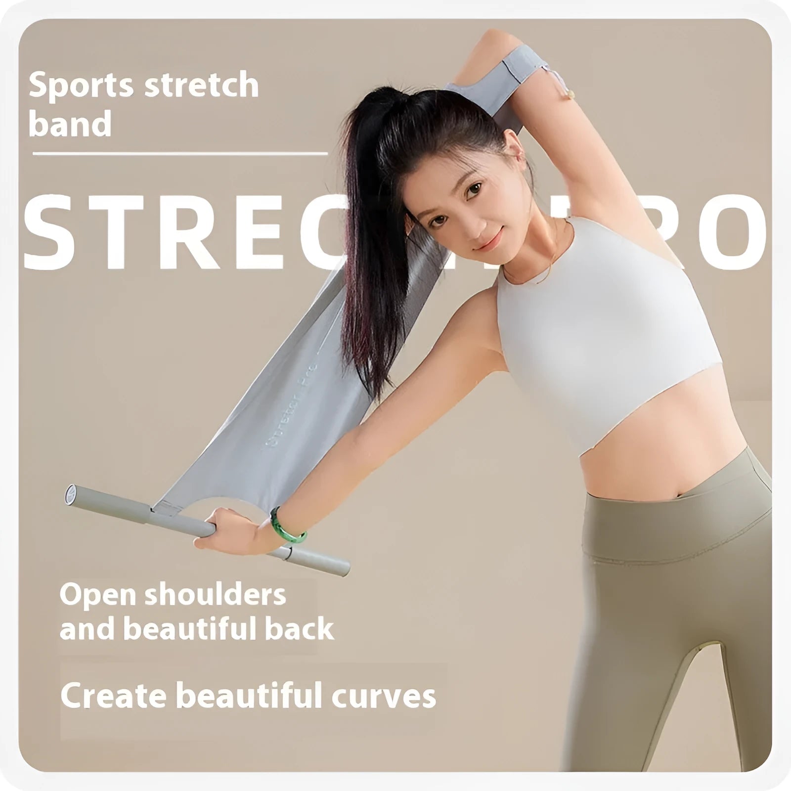 Grey and pink multi-function yoga stretching tool for shoulders, back and hips.
