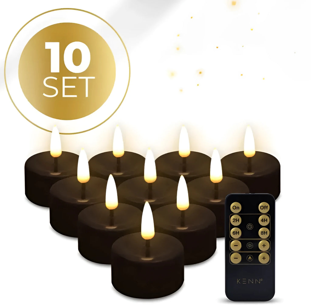 Four black LED tealight candles showing flickering flame effect with dimensions 4.1cm diameter 5cm height